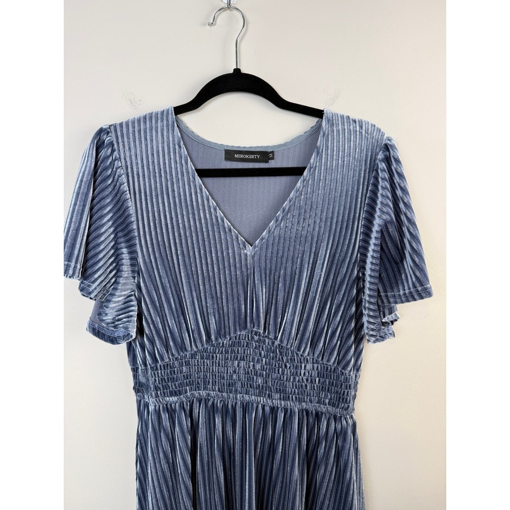 Dusty Blue Maxi Dress Women's Medium Velvet Pleated Flutter Sleeve Smocked Waist - Picture 2 of 3